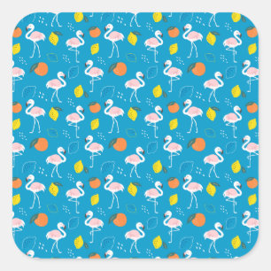 Tropical Theme Flamingo Fruits on Blue Background  Square Sticker
