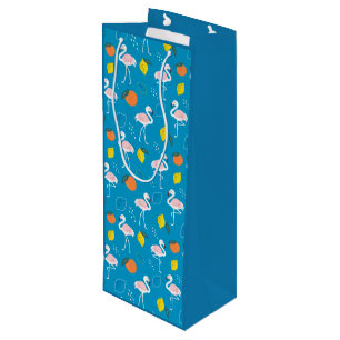 Tropical Theme Flamingo Fruits on Blue Background Wine Gift Bag