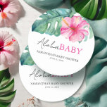 Tropical Theme Girl Baby Shower Round Paper Coaster<br><div class="desc">This charming set of baby shower coasters is adorned with a delicate border of tropical hibiscus flowers in soft pink watercolors and lush monstera palm leaves, evoking the spirit of a tropical paradise. Emblazoned with the stylishly designed phrase "Aloha Baby, " these coasters blend contemporary typography with a warm welcome....</div>