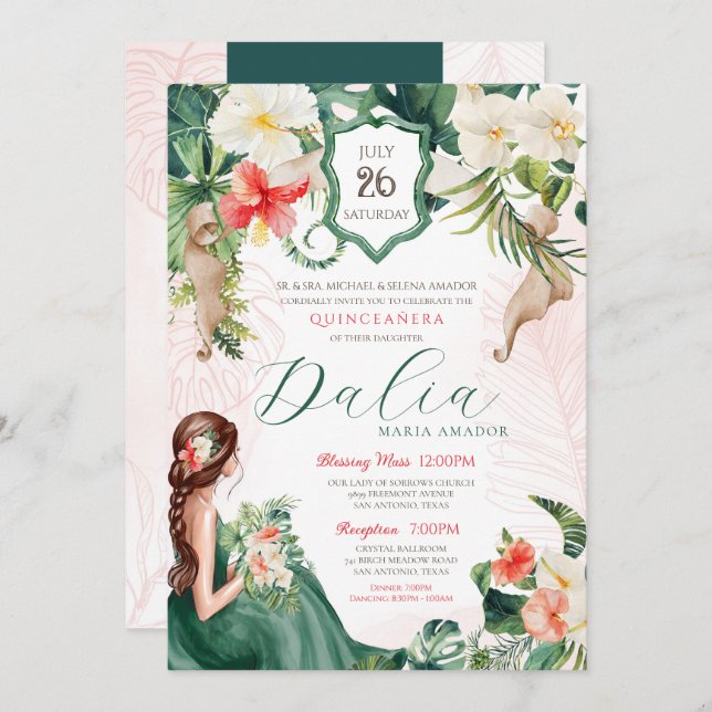 Tropical Theme Green and Pink Summer Quinceanera Invitation (Front/Back)