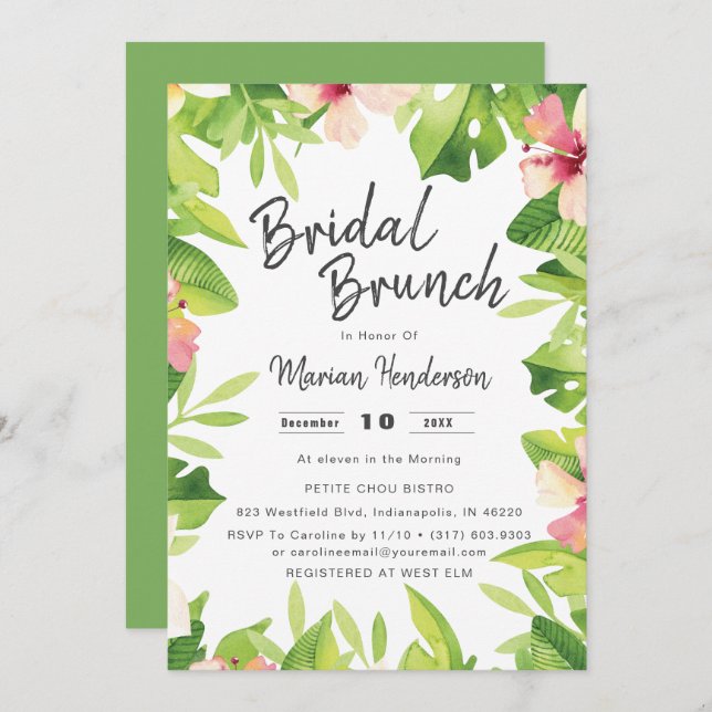 Tropical Theme Watercolor Bridal Shower Brunch Invitation (Front/Back)