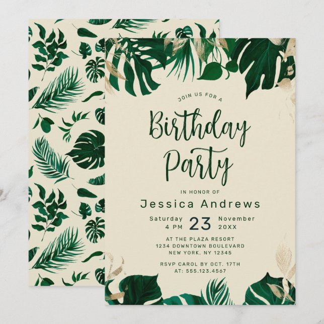 Tropical Themed Green Foliage Birthday Party Invitation (Front/Back)