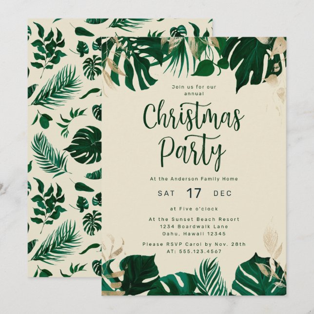 Tropical Themed Green Leaves Christmas Party Invitation (Front/Back)