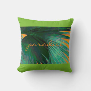 tropical throw pillow palm leaf with text on green