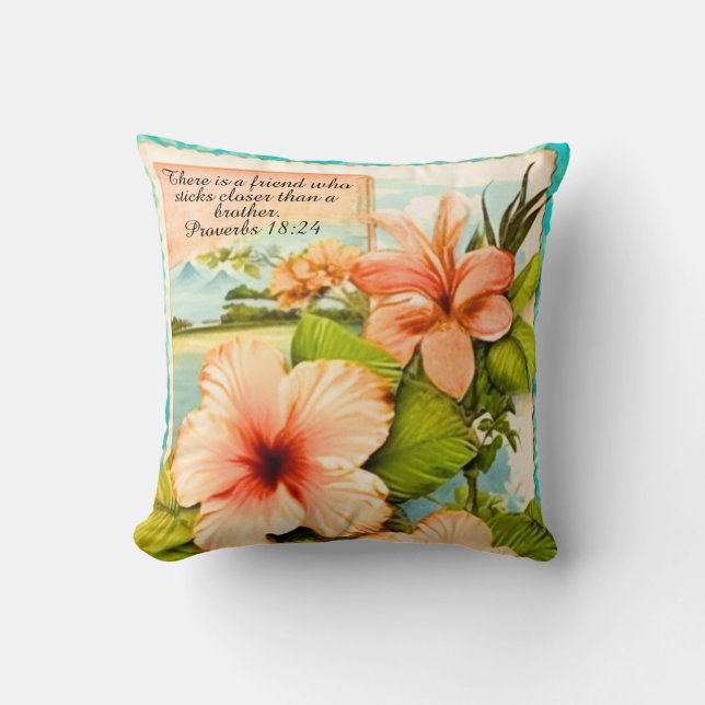 Tropical Throw Pillow Proverbs 18:24 (Front)
