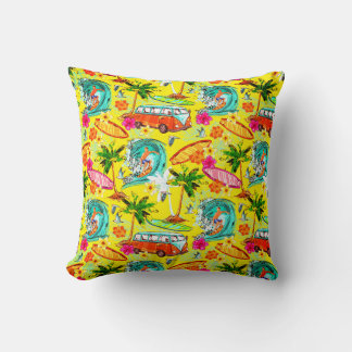 Tropical Throw Pillow with Vintage VW Van