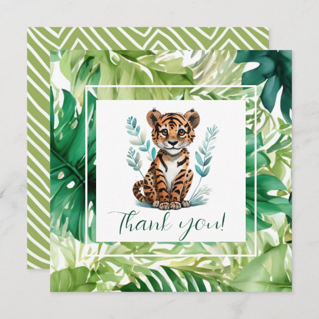 Tropical Tiger and Jungle Foliage Baby Shower Thank You Card (Front/Back)