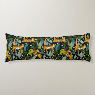 Tropical Tiger Black Botanical Jungle Safari Cats Body Cushion