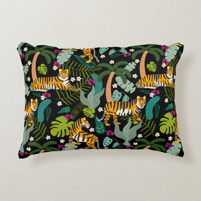 Tropical Tiger Black Botanical Jungle Safari Cats Decorative Cushion (Front)