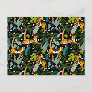 Tropical Tiger Black Botanical Jungle Safari Cats Holiday Postcard