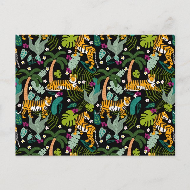 Tropical Tiger Black Botanical Jungle Safari Cats Holiday Postcard (Front)