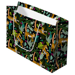 Tropical Tiger Black Botanical Jungle Safari Cats Large Gift Bag