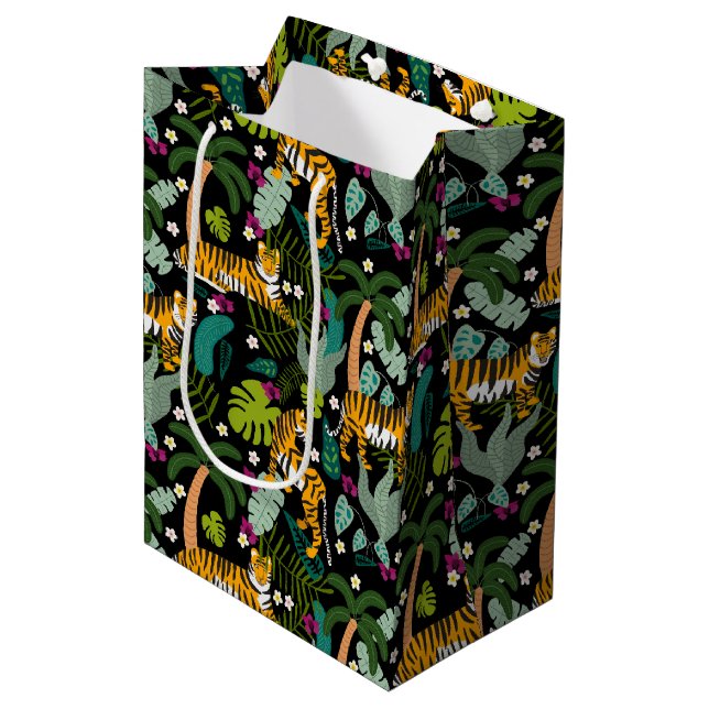 Tropical Tiger Black Botanical Jungle Safari Cats Medium Gift Bag (Front Angled)