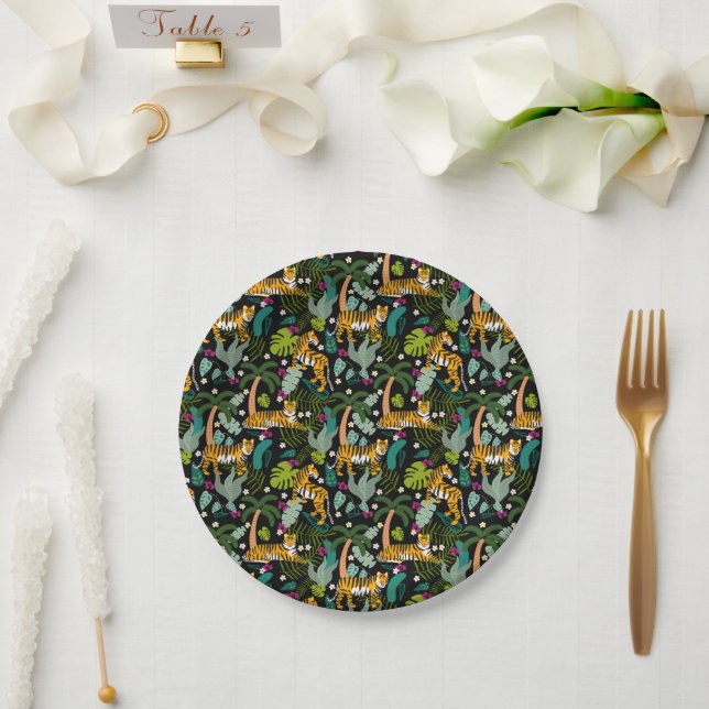 Tropical Tiger Black Botanical Jungle Safari Cats Paper Plate (Wedding)