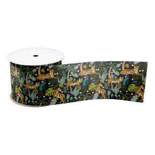 Tropical Tiger Black Botanical Jungle Safari Cats Satin Ribbon