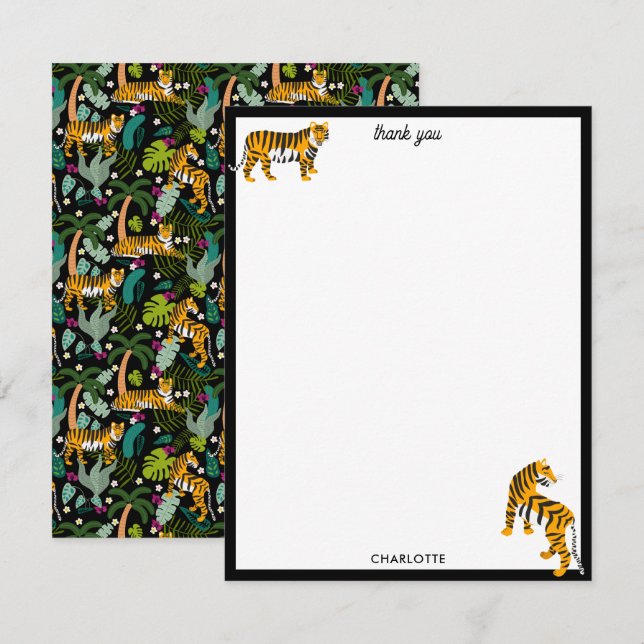 Tropical Tiger Black Botanical Jungle Safari Cats Thank You Card (Front/Back)