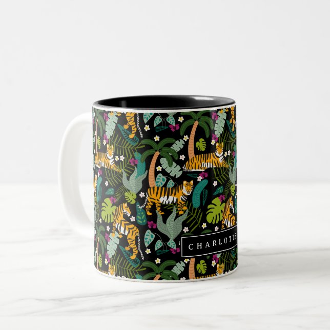 Tropical Tiger Black Botanical Jungle Safari Cats  Two-Tone Coffee Mug (Front Left)