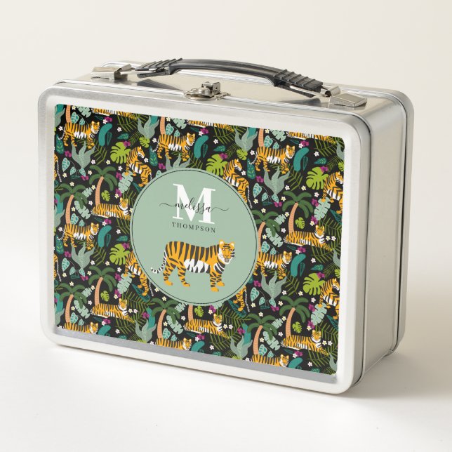 Tropical Tiger Black Botanical Jungle Safari Kids Metal Lunch Box (Front)