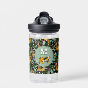Tropical Tiger Black Botanical Jungle Safari Kids Water Bottle