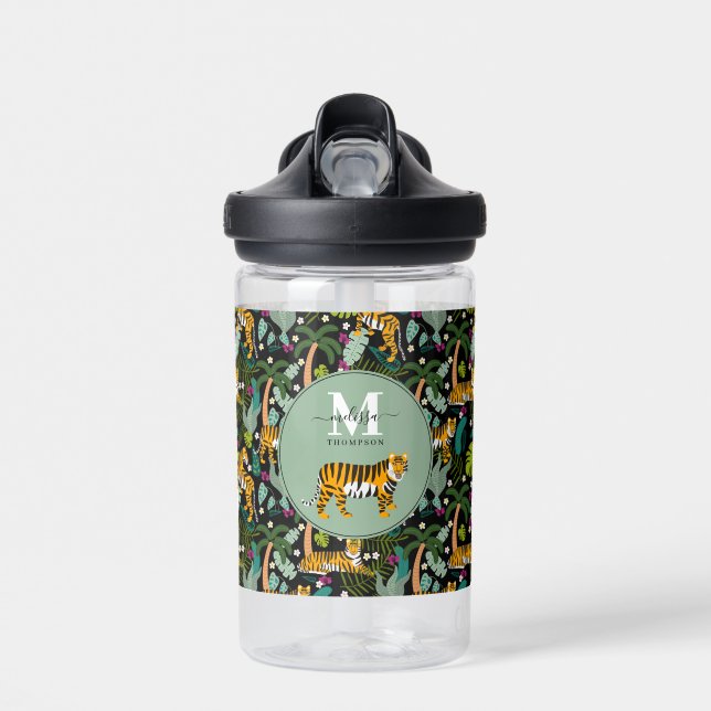 Tropical Tiger Black Botanical Jungle Safari Kids Water Bottle (Front)