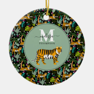 Tropical Tiger Black Botanical Jungle Safari Name Ceramic Tree Decoration
