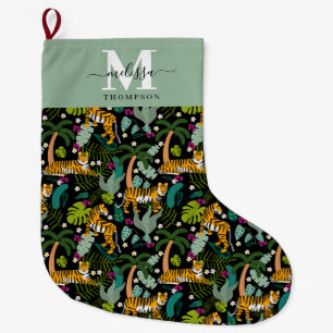 Tropical Tiger Black Botanical Jungle Safari Name Large Christmas Stocking