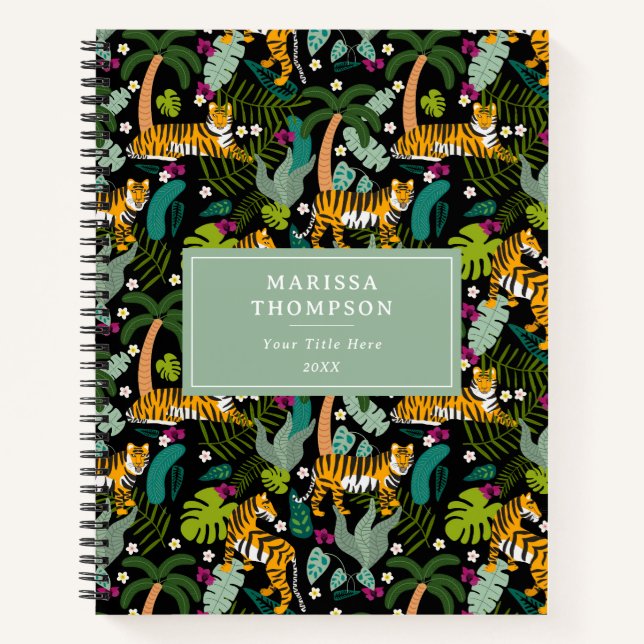 Tropical Tiger Black Botanical Jungle Safari Notebook (Front)