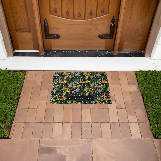 Tropical Tiger Black Jungle Safari Cats Doormat (Outdoor)