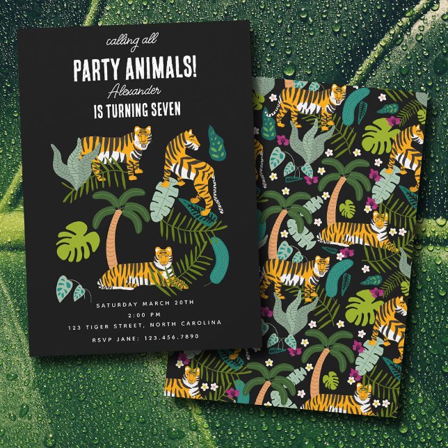 Tropical Tiger Black Jungle Safari Kids Birthday  Invitation (Tropical Tiger Black Jungle Safari Kids Birthday Invitation)