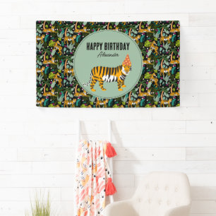 Tropical Tiger Botanical Jungle Safari Birthday Banner