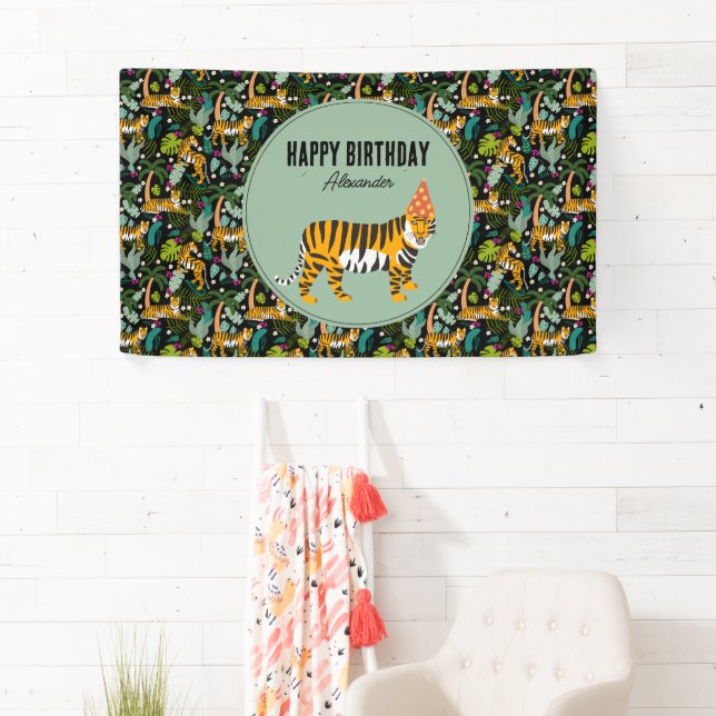 Tropical Tiger Botanical Jungle Safari Birthday Banner (Insitu)