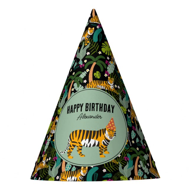 Tropical Tiger Botanical Jungle Safari Birthday Party Hat (Front)