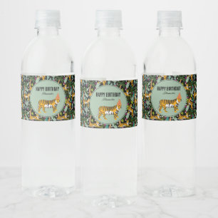 Tropical Tiger Botanical Jungle Safari Birthday Water Bottle Label