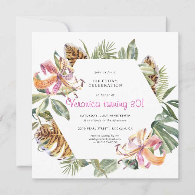 Tropical Tiger Floral Birthday Party Invitation (Front)