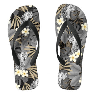 Tropical Tiger Hawaiian Palm Jungle Grey Flip Flops