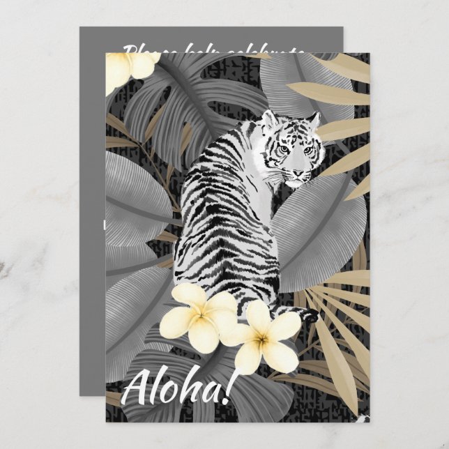 Tropical Tiger Hawaiian Palm Jungle Grey Invitation (Front/Back)