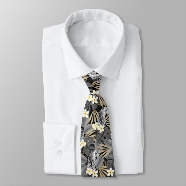 Tropical Tiger Hawaiian Palm Jungle Grey Tie (Tied)