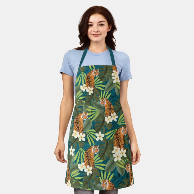 Tropical Tiger Hawaiian Palm Jungle Teal Apron (Worn)