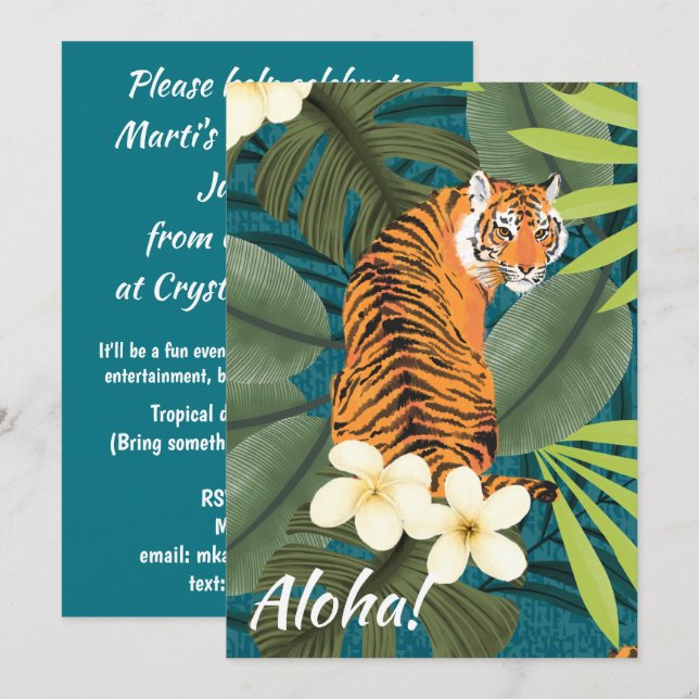 Tropical Tiger Hawaiian Palm Jungle Teal Invitation (Front/Back)