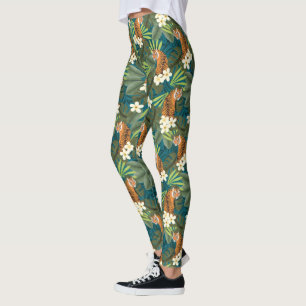 Tropical Tiger Hawaiian Palm Jungle Teal Leggings