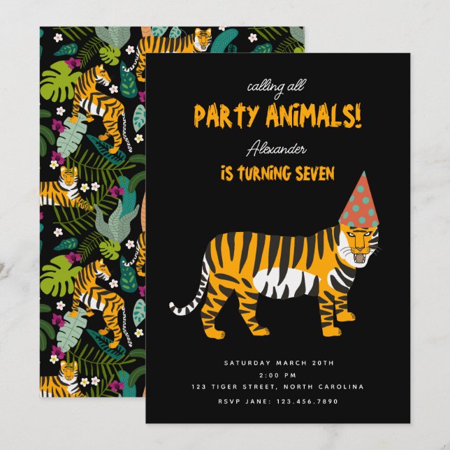 Tropical Tiger Jungle Kids Party Animals Birthday  Invitation (Front/Back)