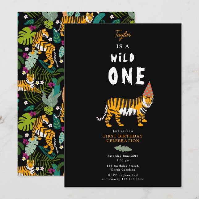 Tropical Tiger Jungle Safari Kids First Birthday  Invitation (Front/Back)