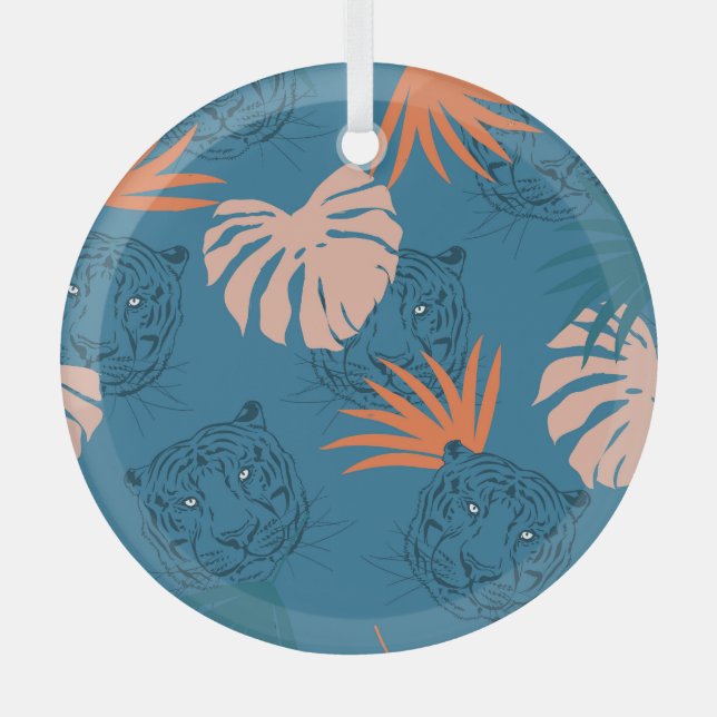 Tropical Tiger Leaves Deep Blue Glass Tree Decoration (Front)