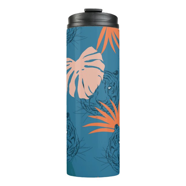 Tropical Tiger Leaves Deep Blue Thermal Tumbler (Front)
