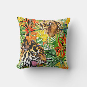 Tropical Tiger Watercolor Jungle Pattern Cushion