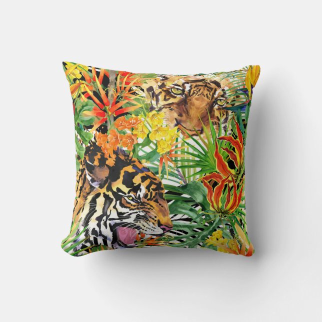 Tropical Tiger Watercolor Jungle Pattern Cushion (Front)