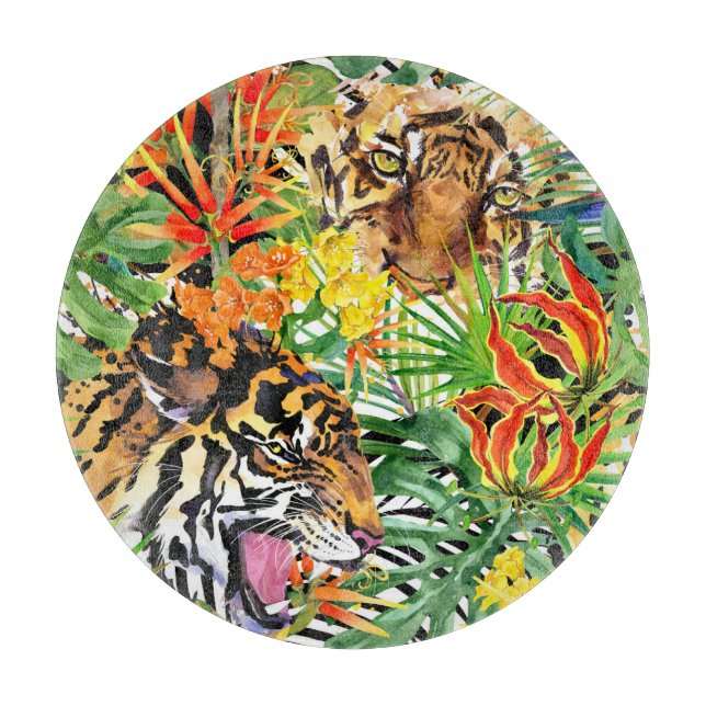 Tropical Tiger Watercolor Jungle Pattern Cutting Board (Front)