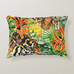 Tropical Tiger Watercolor Jungle Pattern Decorative Cushion