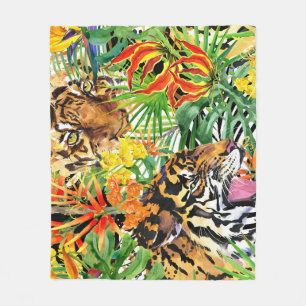 Tropical Tiger Watercolor Jungle Pattern Fleece Blanket