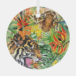 Tropical Tiger Watercolor Jungle Pattern Glass Tree Decoration
